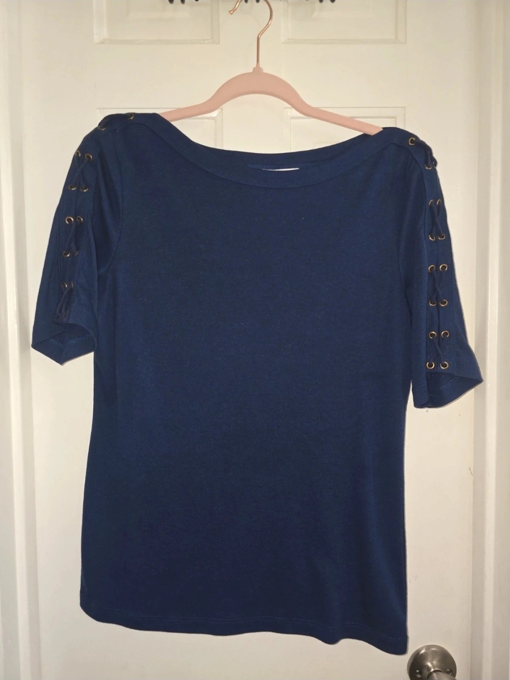 Karen Scott Navy Short-Sleeve Top with Eyelet Lace-Up Sleeves